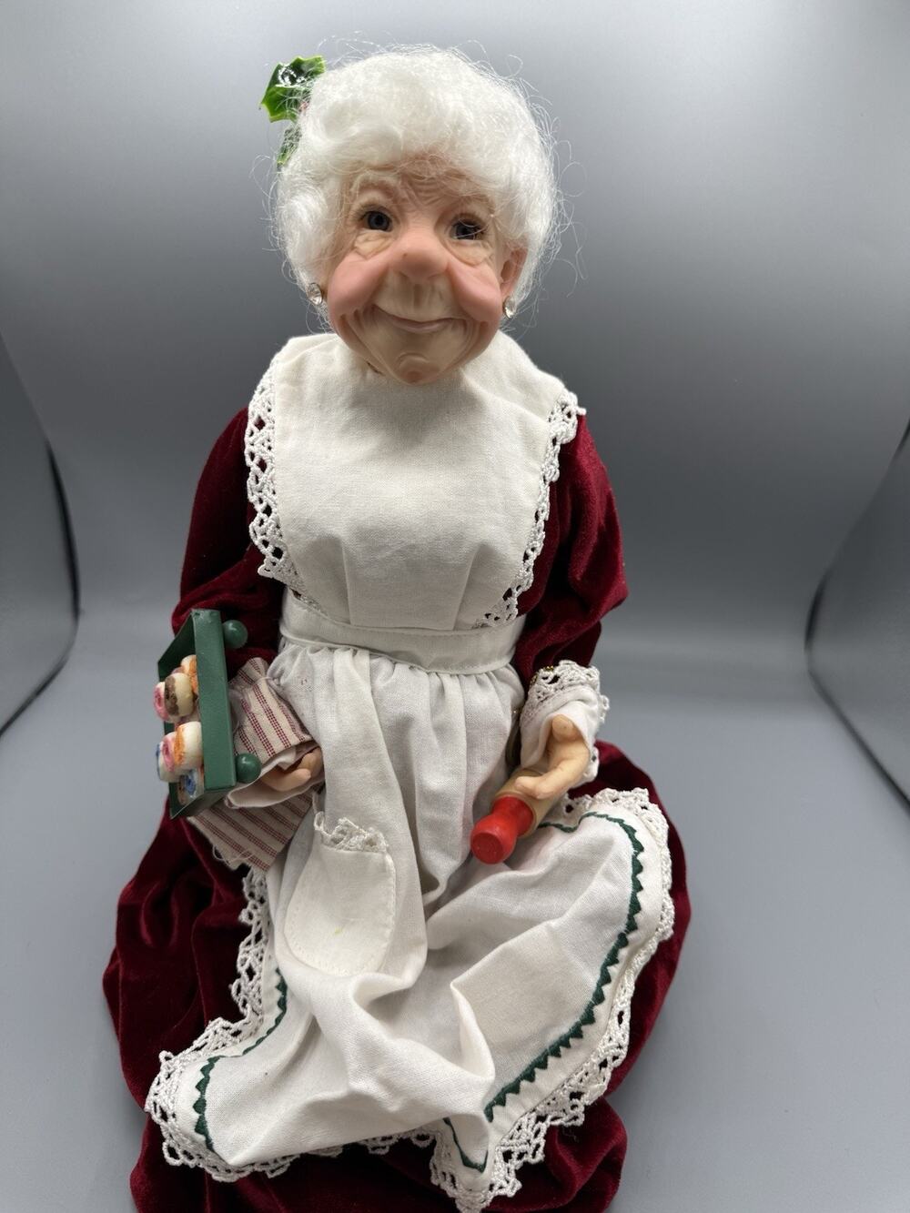 Mrs Claus Baker Doll Christmas Decor Red Velvet Apron Rolling Pin Donut Tray